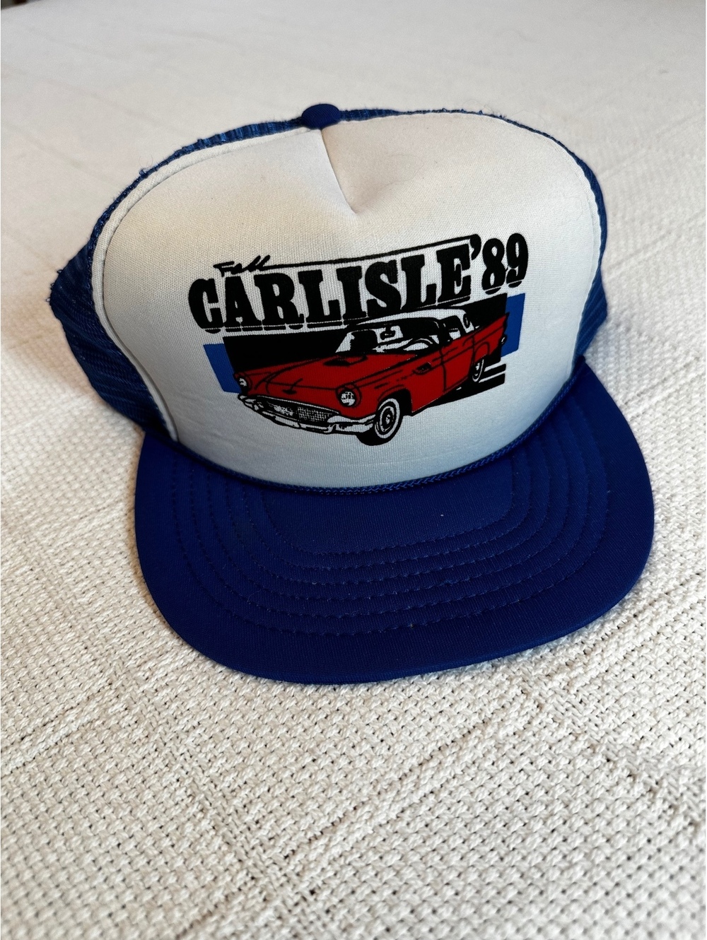 Vintage Carlisle '89 Trucker Hat Blue and White Mesh Snapback Cap